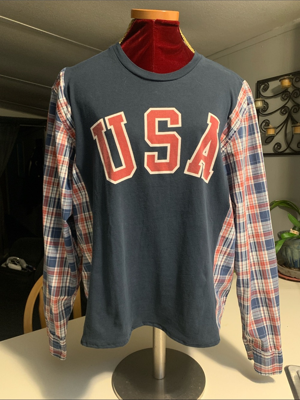 Upcycled USA Graphic Long-Sleeve Shirt with Plaid Sleeves